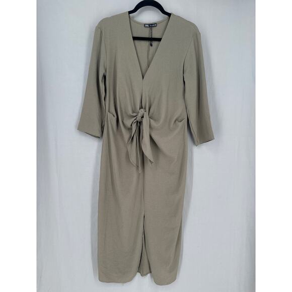 Zara Dress Womens Medium Olive Green Khaki Midi Knot Front Loose Minimalist - Picture 4 of 6